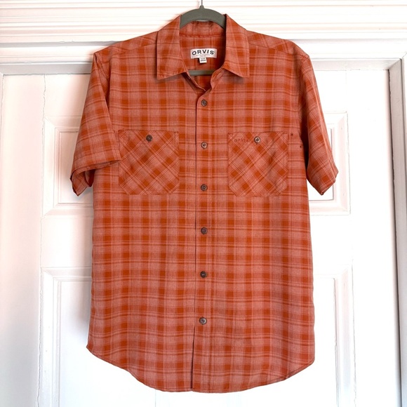 Orvis Men's Orange Plaid Performance Short Sleeve Button Down Tech Shirt Small - Picture 1 of 12